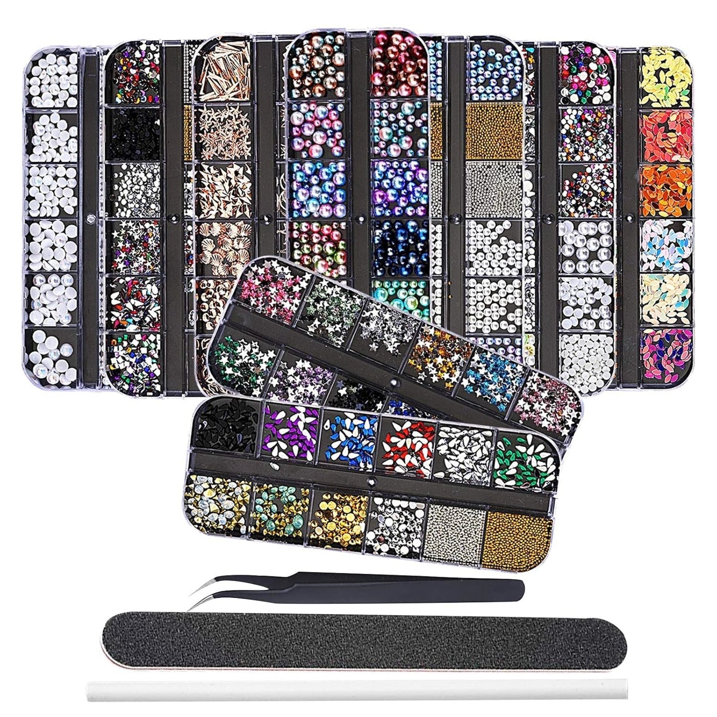 EBANKU Nail Art Strass Kit Multi Design Zubehör Mit 1 Pinzetten 1 Stück Wachsstifte Deko Diamanten Kristalle Perlen Edelsteine ​​​​Bunt Pferdeaugen Strass Metall Nieten Für Nagel DIY (1 kus (10Er Pack))