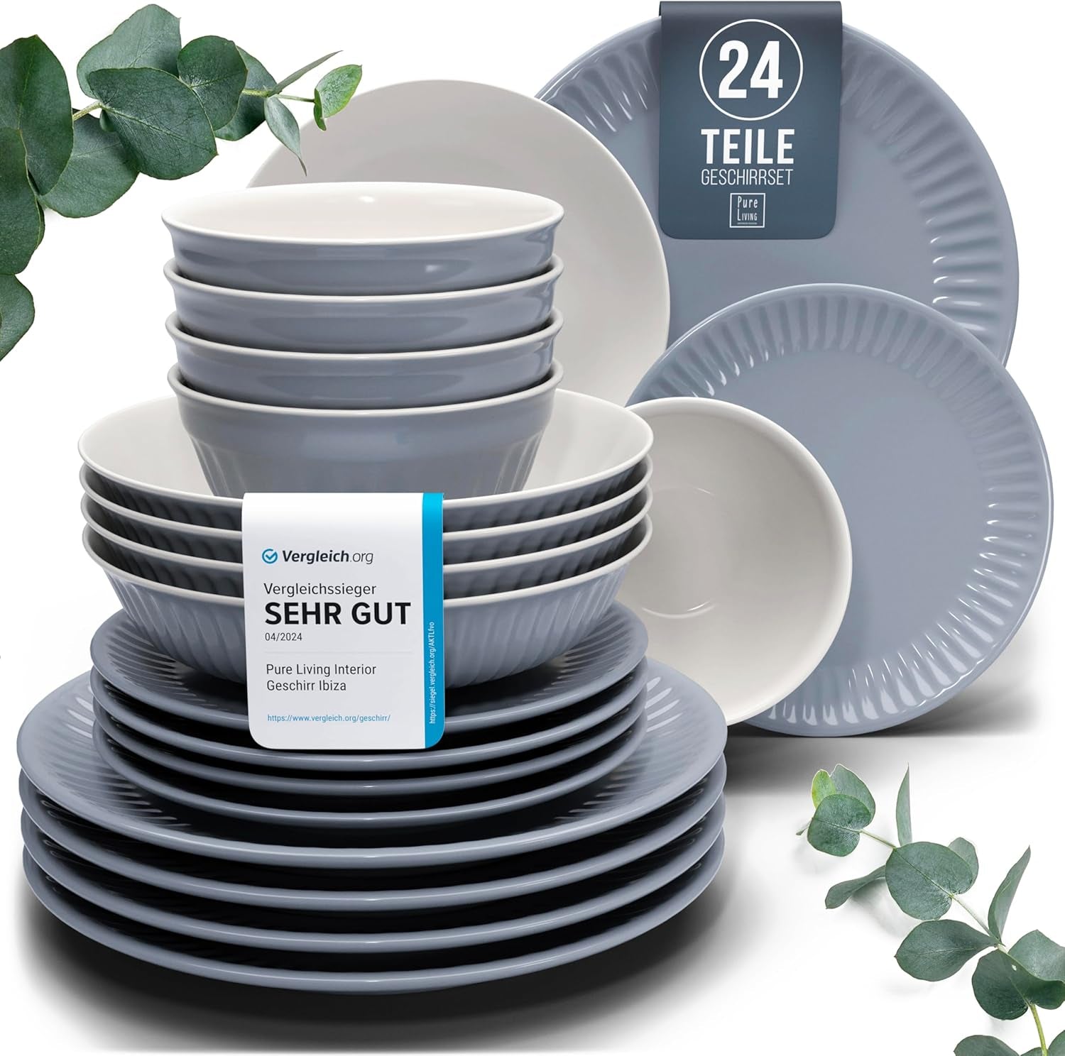 Sada keramického nádobí pro 6, Hygge, 24 kusů. VÍTĚZ TESTU Zasněná skandinávská kamenina Sada mís a talířů Večerní servis pro 6 sad nádobí Pure Living v šedomodré barvě