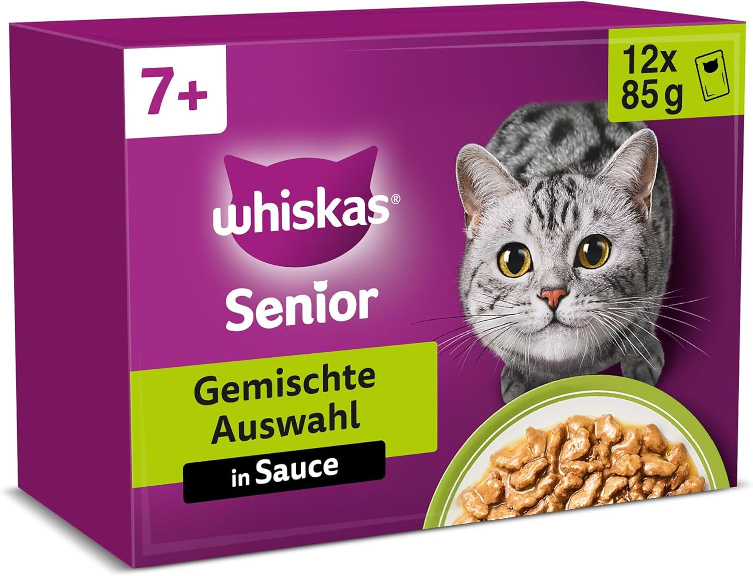 Whiskas Senior 7+ mokré krmivo Smíšený výběr v omáčce, 48 sáčků, 12x85g (balení po 4 ks) – vysoce kvalitní mokré krmivo pro kočky od 7 let