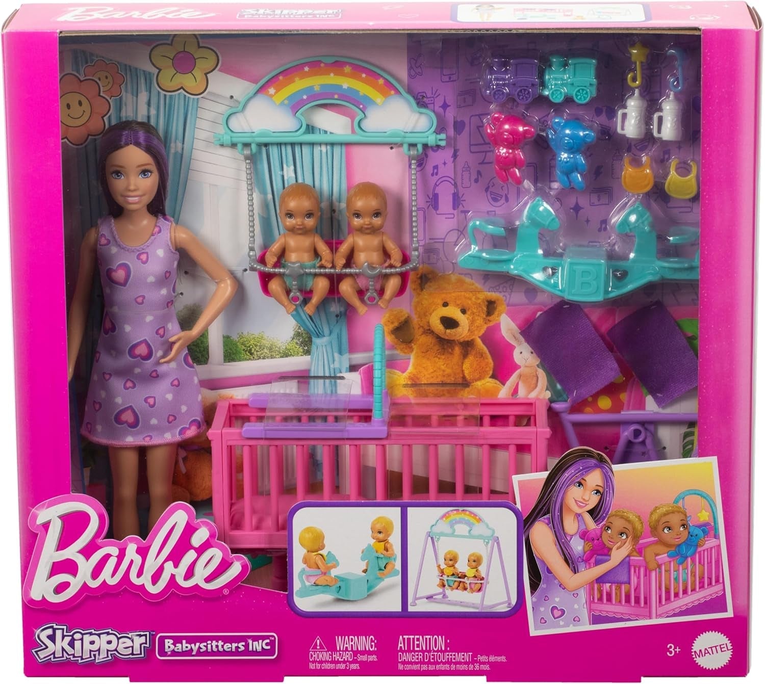 Panenka Barbie Skipper a domeček na hraní s doplňky, obsahuje dvojčata, 1 postýlku, 1 houpačku, 1 kolébku a další, HXM99