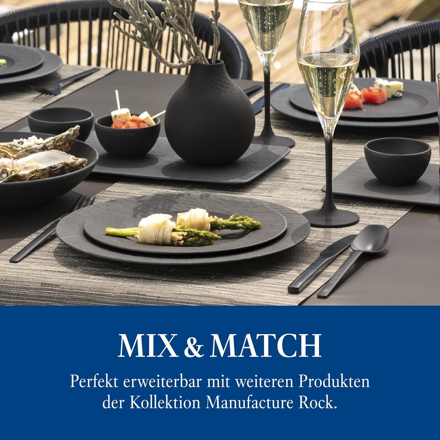 Villeroy & Boch Manufacture Rock Starter Set, 6dílná, černá, vhodná do myčky, vhodná do mikrovlnné trouby, matná černá sada nádobí, nádobí, příbory, prémiový porcelán