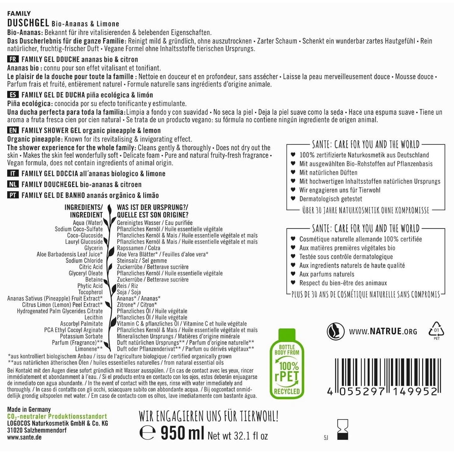 SANTE Natural Cosmetics Osvěžující sprchový gel s citrusovou vůní, 950 ml Sprcha a koupel Naty Shop