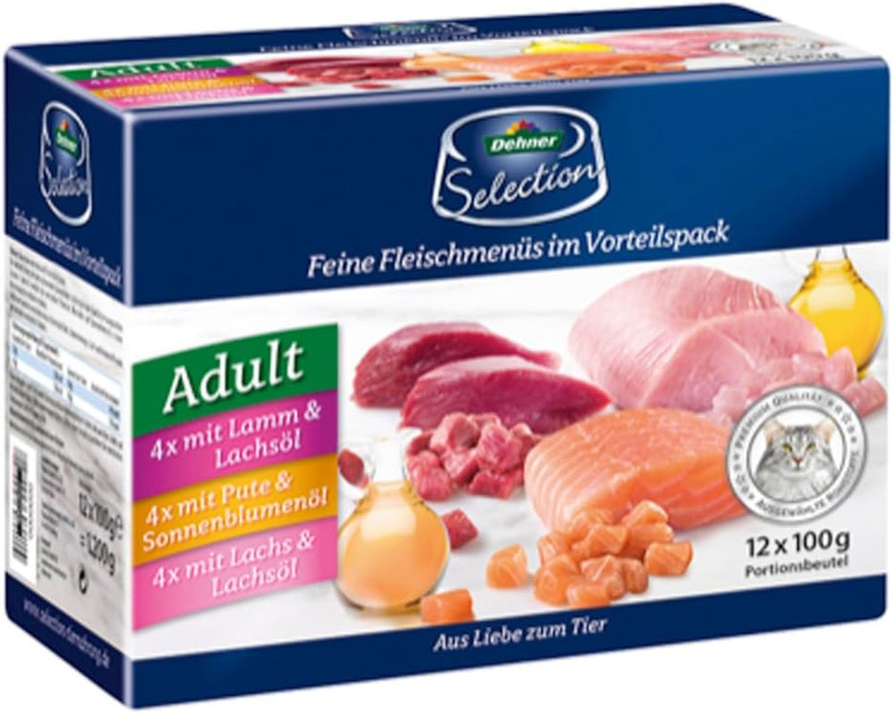 Dehner prémiové mokré krmivo pro kočky, více balení, dospělé kočky, po 4 kusech: jehněčí / krůtí / losos, 12 sáčků x 100 g (1,2 kg)