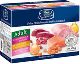 Dehner prémiové mokré krmivo pro kočky, více balení, dospělé kočky, po 4 kusech: jehněčí / krůtí / losos, 12 sáčků x 100 g (1,2 kg)