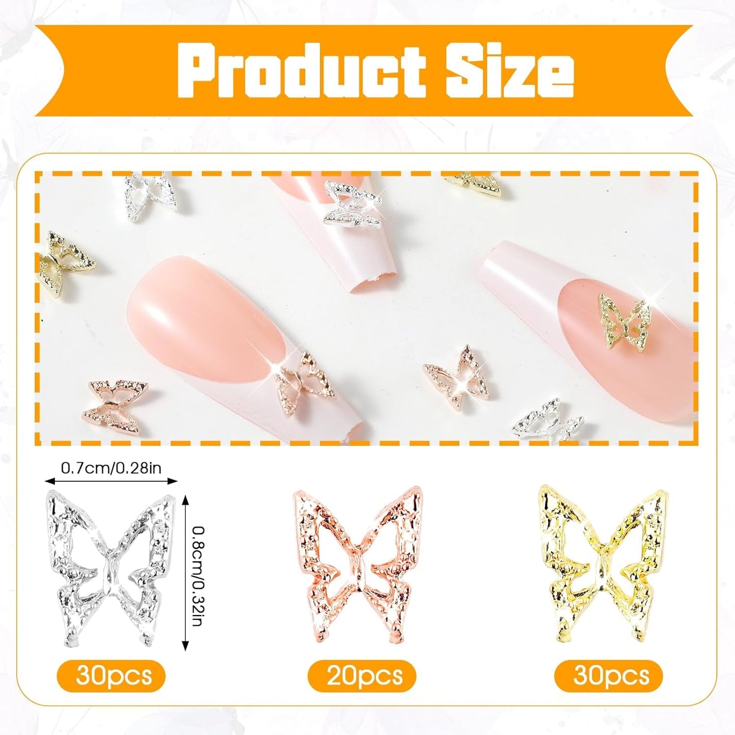 80ks 3D Butterfly nail Charms Alloy Butterfly Gold Silver Glitter Nail Art Dekorace Příslušenství na nehty DIY Manikúra pro ženy