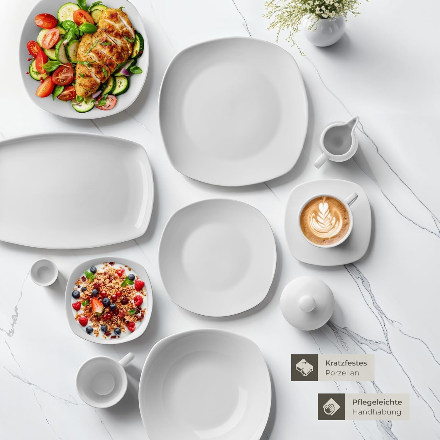 tectake® Sada nádobí pro 12 osob, 100dílná sada porcelánového nádobí, včetně 12 talířů, 12 dezertních talířů, 12 talířů na večeři, 12 šálků, 12 misek na cereálie, misky na salát, džbán na mléko, cukřenka