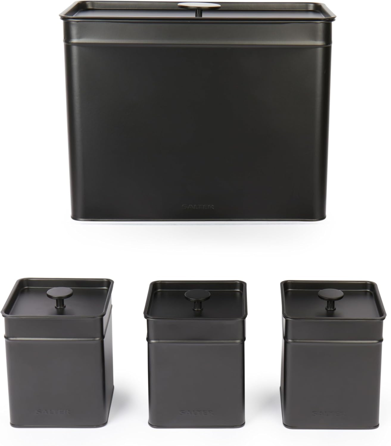 Salter BW12614EU7 Kuro sada úložných boxů – 4 kuchyňské dózy Organizérové boxy na chléb/čaj/kávu/cukr Snadné čištění Uchovávejte potraviny čerstvé Černé boxy na potraviny Naty Shop