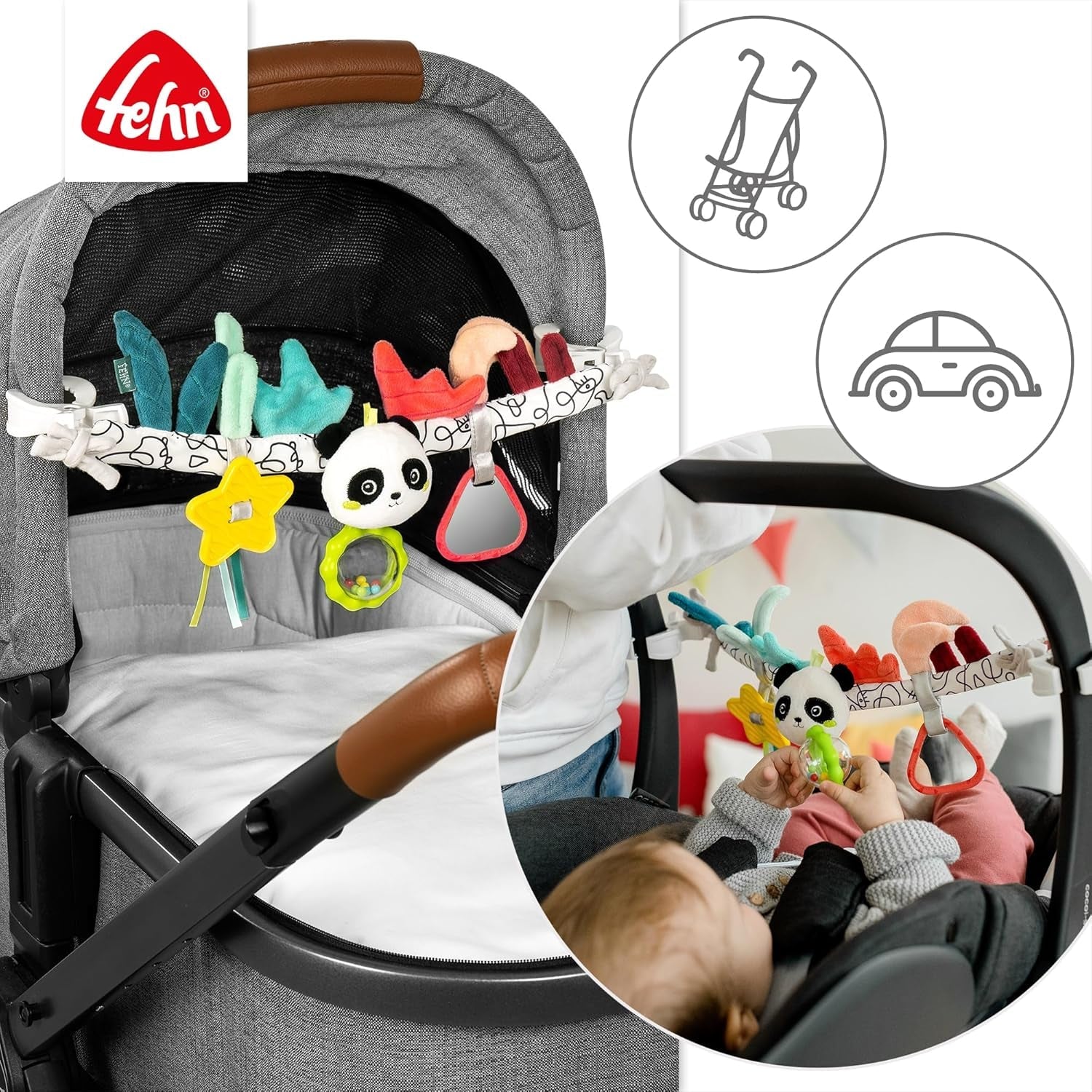Fehn dětský pojízdný řetěz Panda Baby Mobile - dětský pojízdný řetízek s roztomilými figurkami - flexibilní závěsná hračka pro miminko - hračka do kočárku pro miminka a batolata od 0+ měsíců Baby Toys Naty Shop