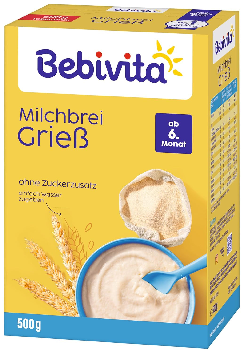 Krupicová kaše s mlékem (4 x 500 g), výživa pro kojence od 6 měsíců, bez přidaného cukru, s cennými minerály a vitamíny, velmi sytá
