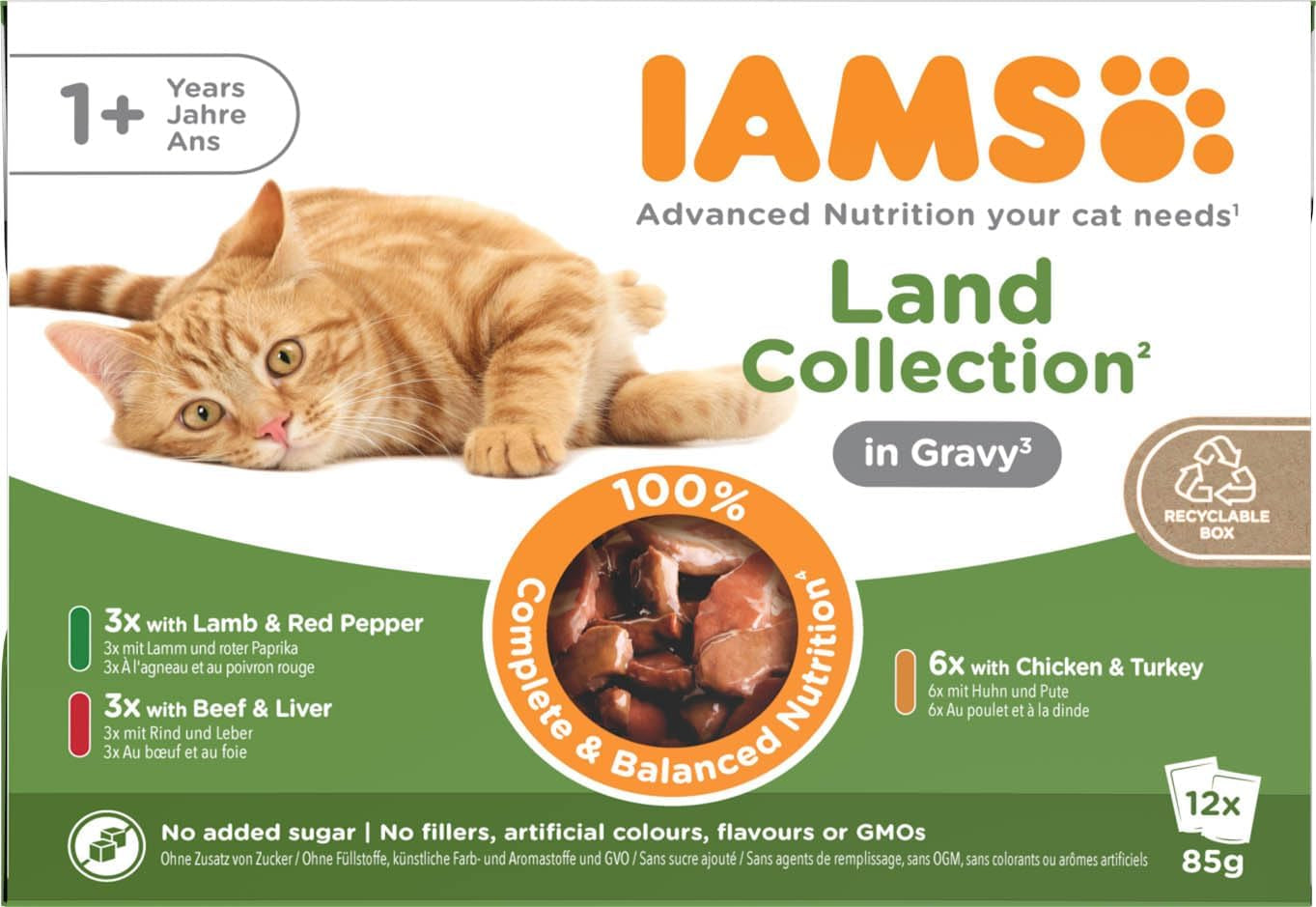 IAMS Delights Land Collection Mokré krmivo pro kočky - Multibalení s různými druhy masa (jehněčí, hovězí, kuřecí a krůtí) v omáčce, vlhké krmivo pro kočky od 1 roku, 12 x 85g