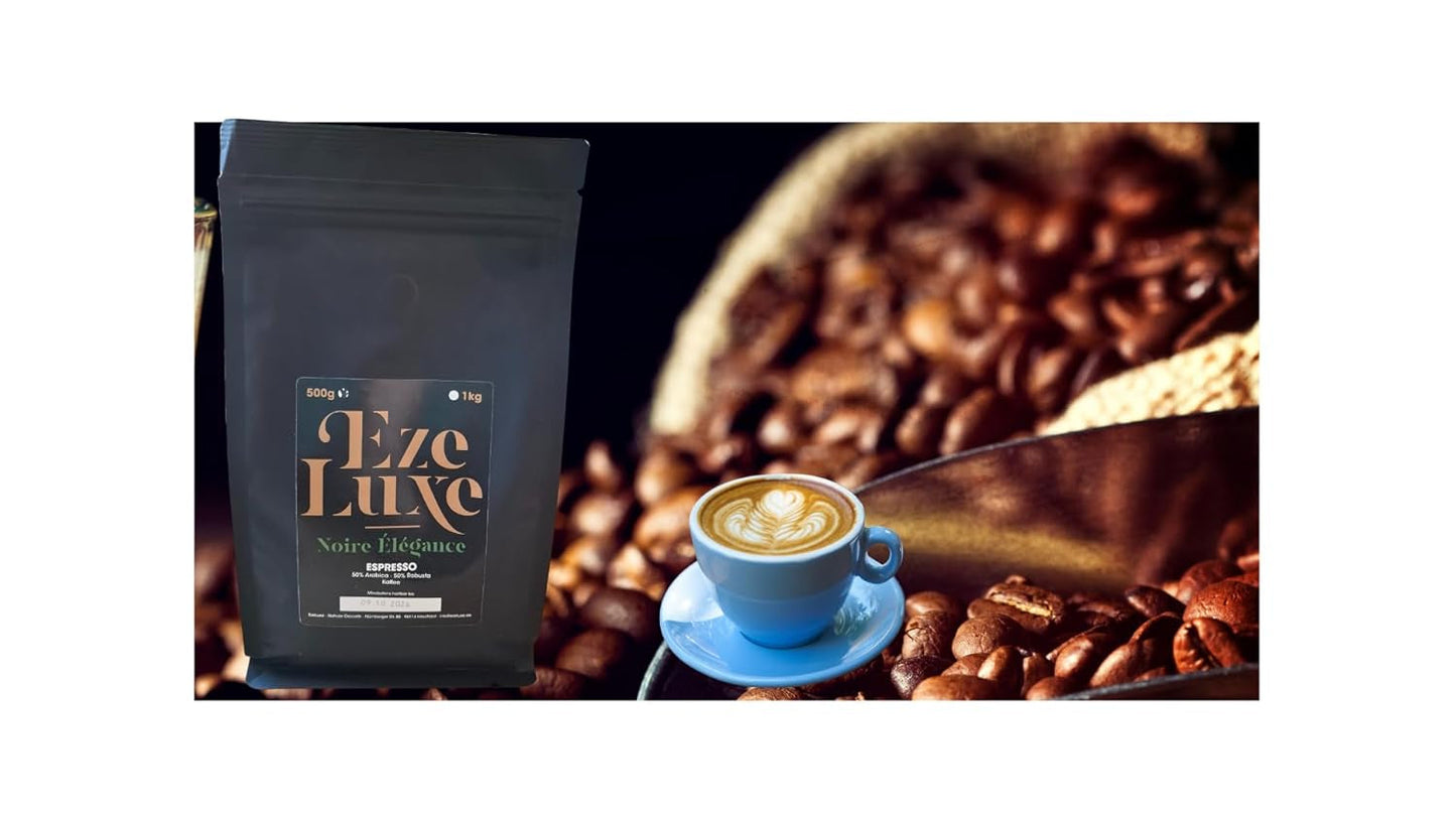 Káva Espresso Noire Elegance 500g – 50% Arabica a 50% Robusta z Brazílie a Indie – středně pražená, silná a krémová s hořkou čokoládou – intenzita 8 – vč. kávovar na espresso zdarma