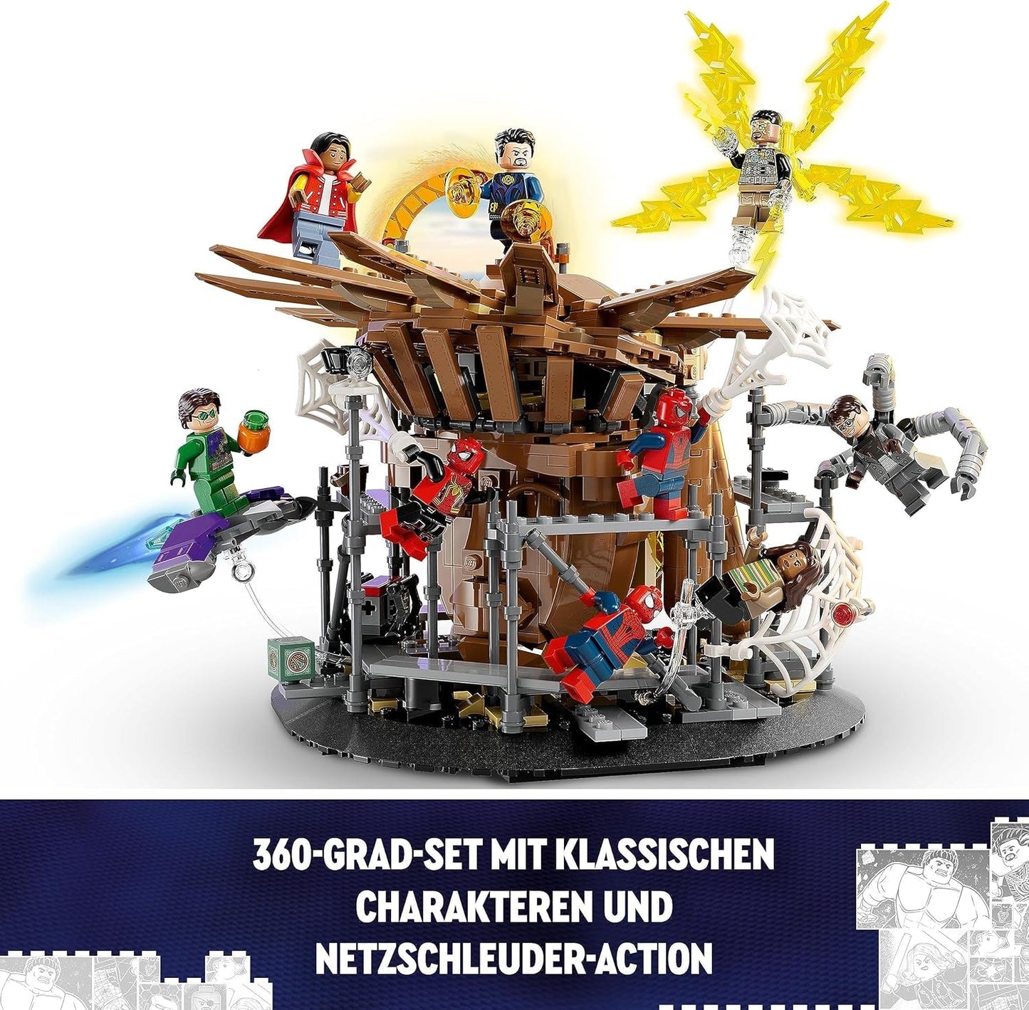 Sada LEGO 76261 Marvel Spider-Man's Big Showdown, Spider-Man: No Way Home se 3 minifigurkami Peterem Parkerem a zeleným skřítkem, Electro, Sandman, Ned, Doctor Strange a MJ, sběratelský model Stavebnice Besuche den LEGO-Store