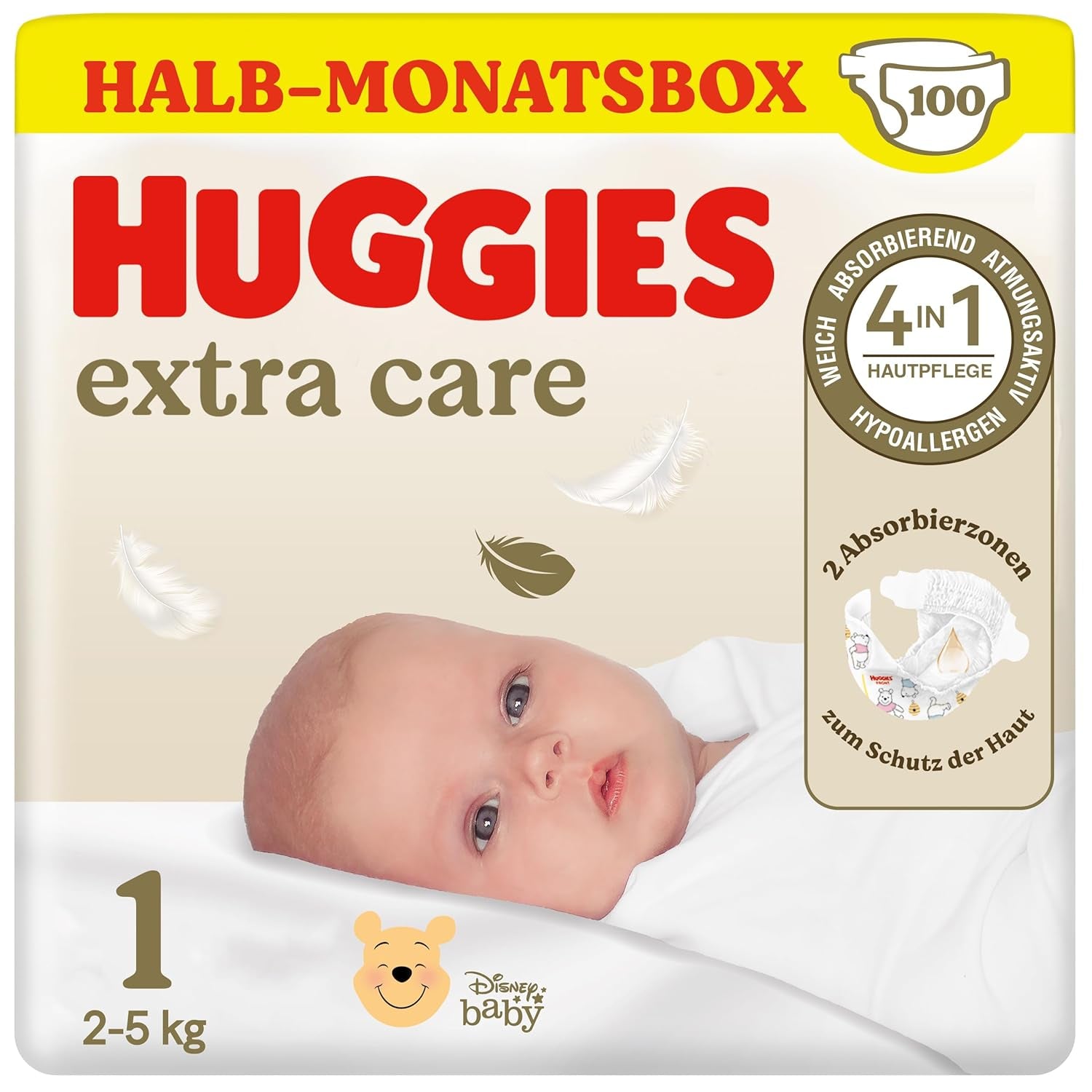 Novorozenecké plenky Huggies, velikost 1, 100 plen (2 x 50), půlměsíční krabice