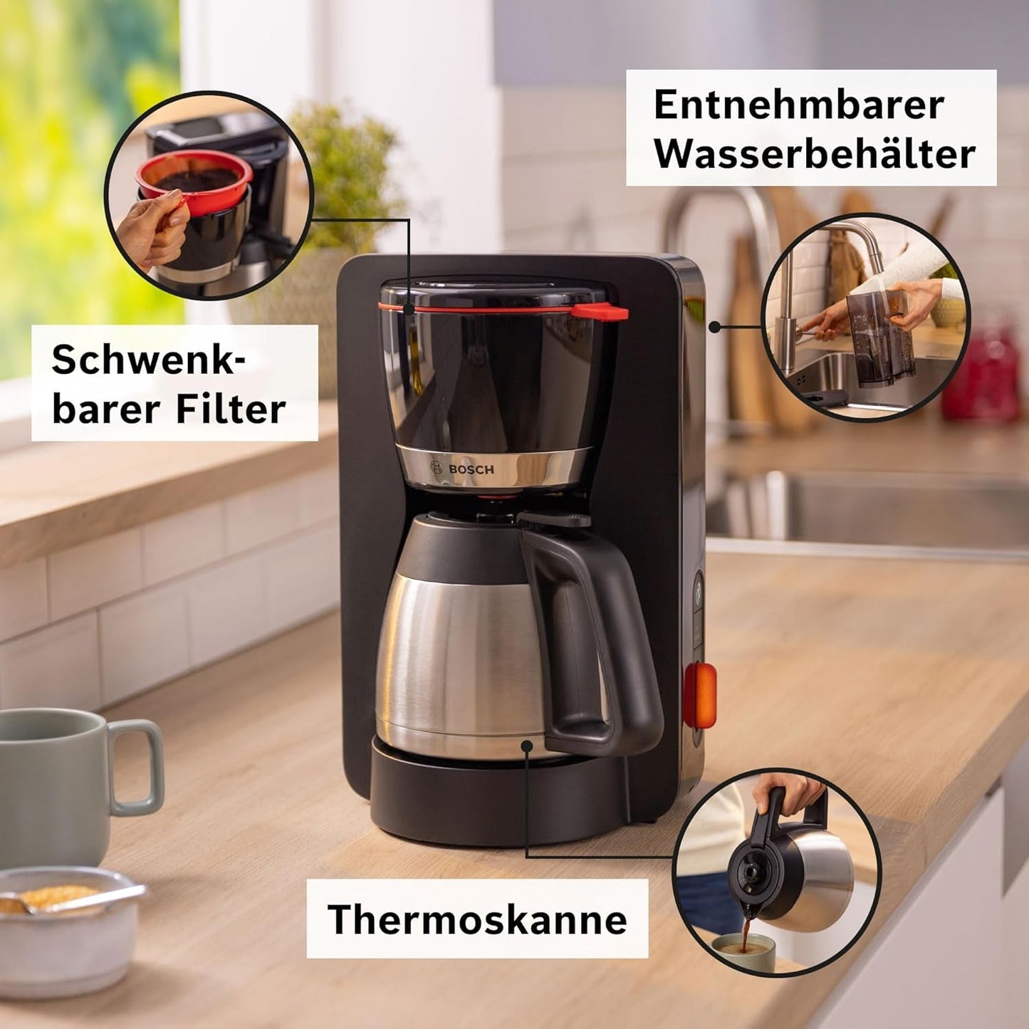 Bosch MyMoment TKA6M273 Filtrační espresso kávovar, 1L termokarafa, 8-12 šálků, Anti-Drip systém, otočný držák filtru, odvápňovací program, vyjímatelná nádržka na vodu, 1200 Watt, matná černá