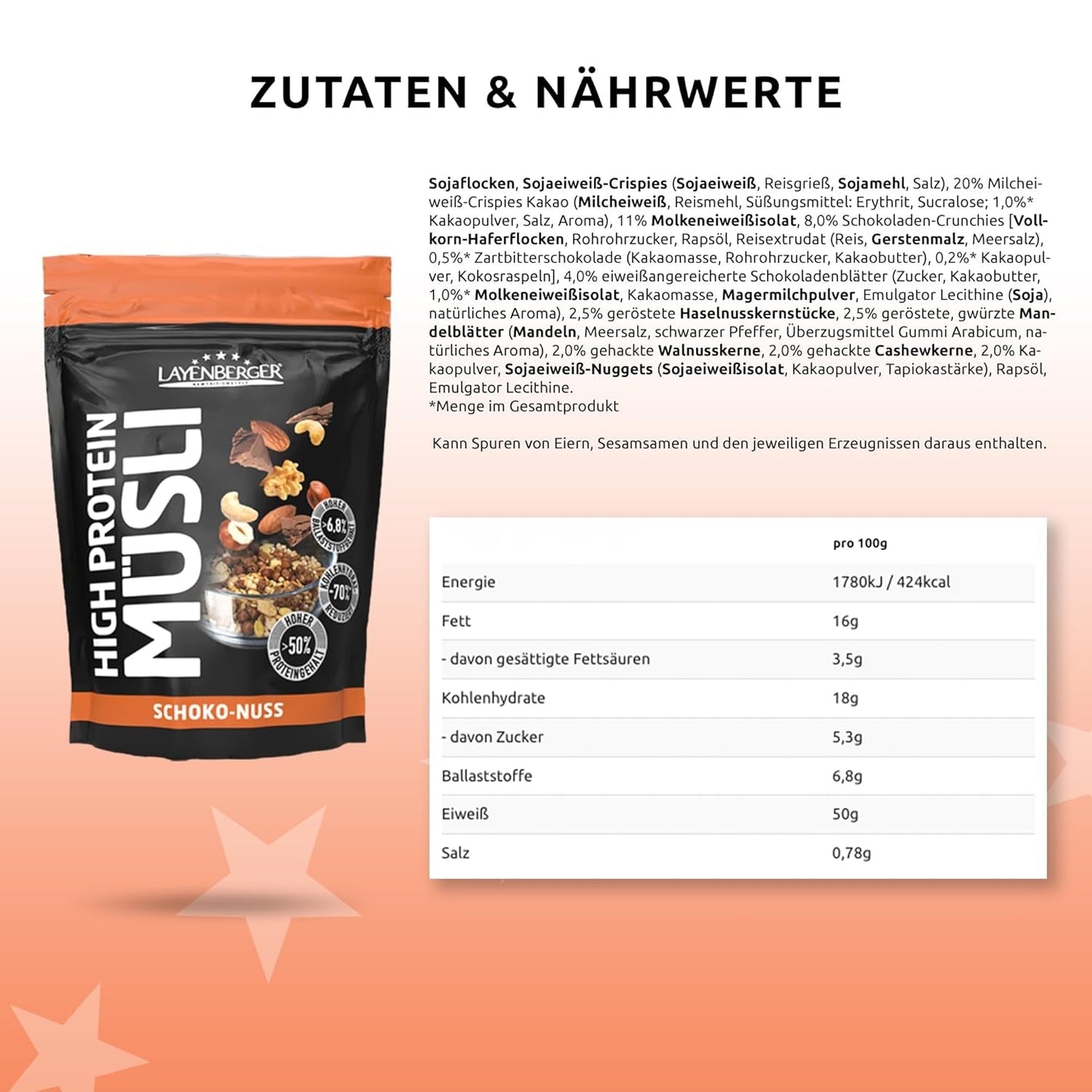 Layenberger 3K High Protein Müsli, 50 % Eiweiß a 18 % Kohlenhydrate – Jedno balení (1X 390 G) – Schoko-Nuss Cereale Naty Shop