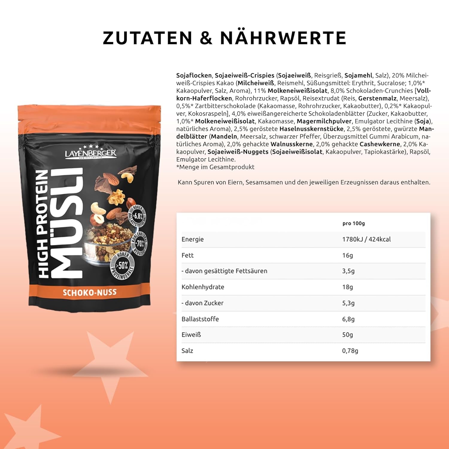 Layenberger 3K High Protein Müsli, 50 % Eiweiß a 18 % Kohlenhydrate – Jedno balení (1X 390 G) – Schoko-Nuss Cereale Naty Shop