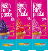Sada potravinářských barviv Decocino Neon – 3 kusy – červená, růžová, fialová – potravinářské barvivo s vysokou dávkou – na barvení dortů, muffinů, cupcaků – bez chuti