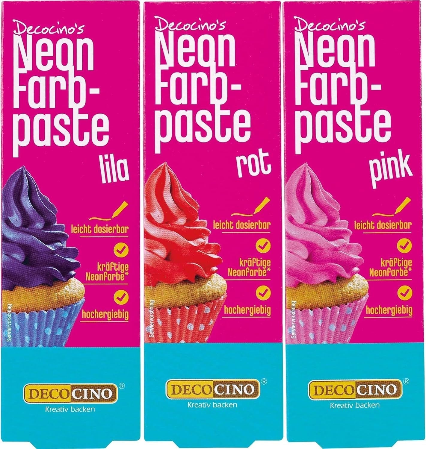 Sada potravinářských barviv Decocino Neon – 3 kusy – červená, růžová, fialová – potravinářské barvivo s vysokou dávkou – na barvení dortů, muffinů, cupcaků – bez chuti