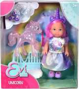 Hrací panenka Simba Evi Love Unicorn v roztomilých šatech s jednorožcem se sladěnou čelenkou, včetně jednorožce se stájí, jablka a láhve na pití, 12 cm, věk 3+