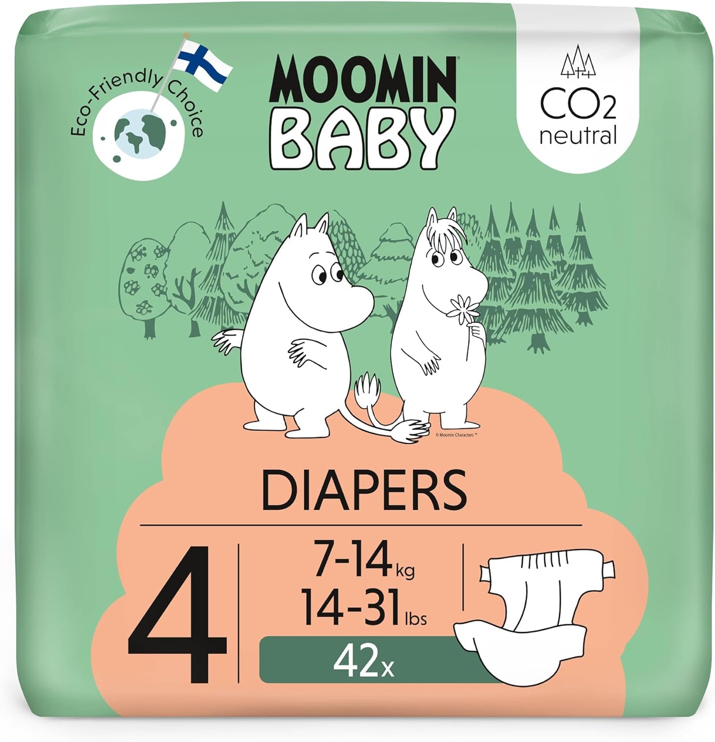 Moomin Dětské eko plenky, velikost 3, 5-8kg, 48 kusů, Premium měkké plenky | Měkký a šetrný k pokožce, prodyšný, savý, bez zbytečných chemikálií |
