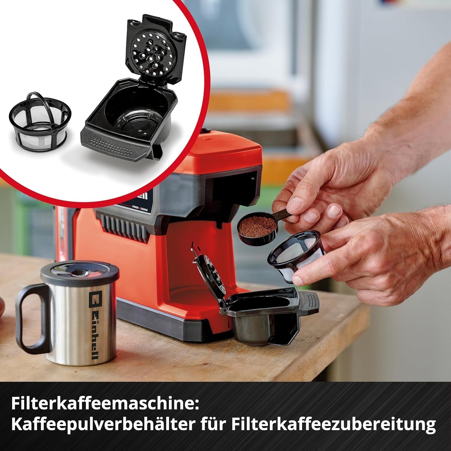 Akumulátorový espresso kávovar Einhell TE-CF 18 Li-Solo Power X-Change (18 V, nádržka na vodu 240 ml, na filtrovanou kávu a kávové kapsle, madlo na přenášení, včetně šálku na kávu s víčkem, bez baterie)