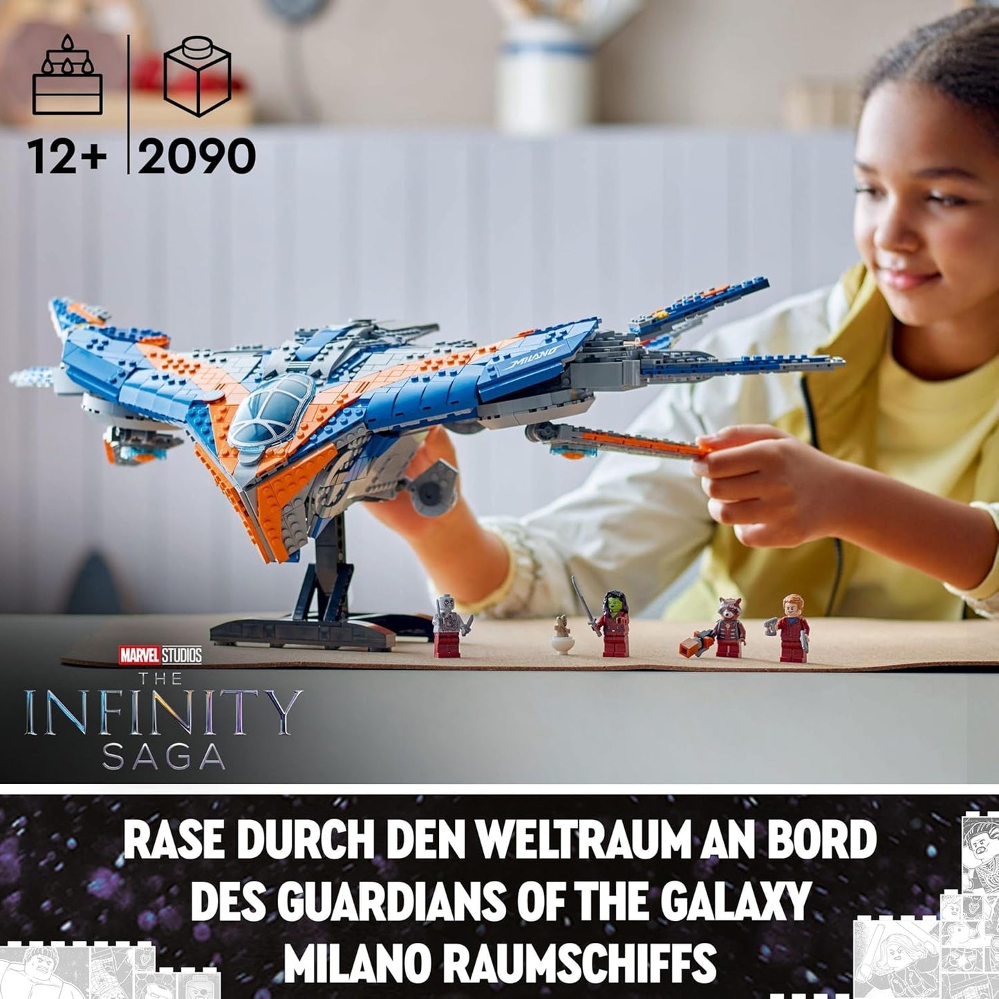 LEGO Marvel Guardians of the Galaxy: Model stavby vesmírné lodi Milano se 4 minifigurkami superhrdinů Avengers Leták pro vesmírná dobrodružství Dárek pro chlapce a dívky 76286 Stavebnice Beuche den LEGO-Store