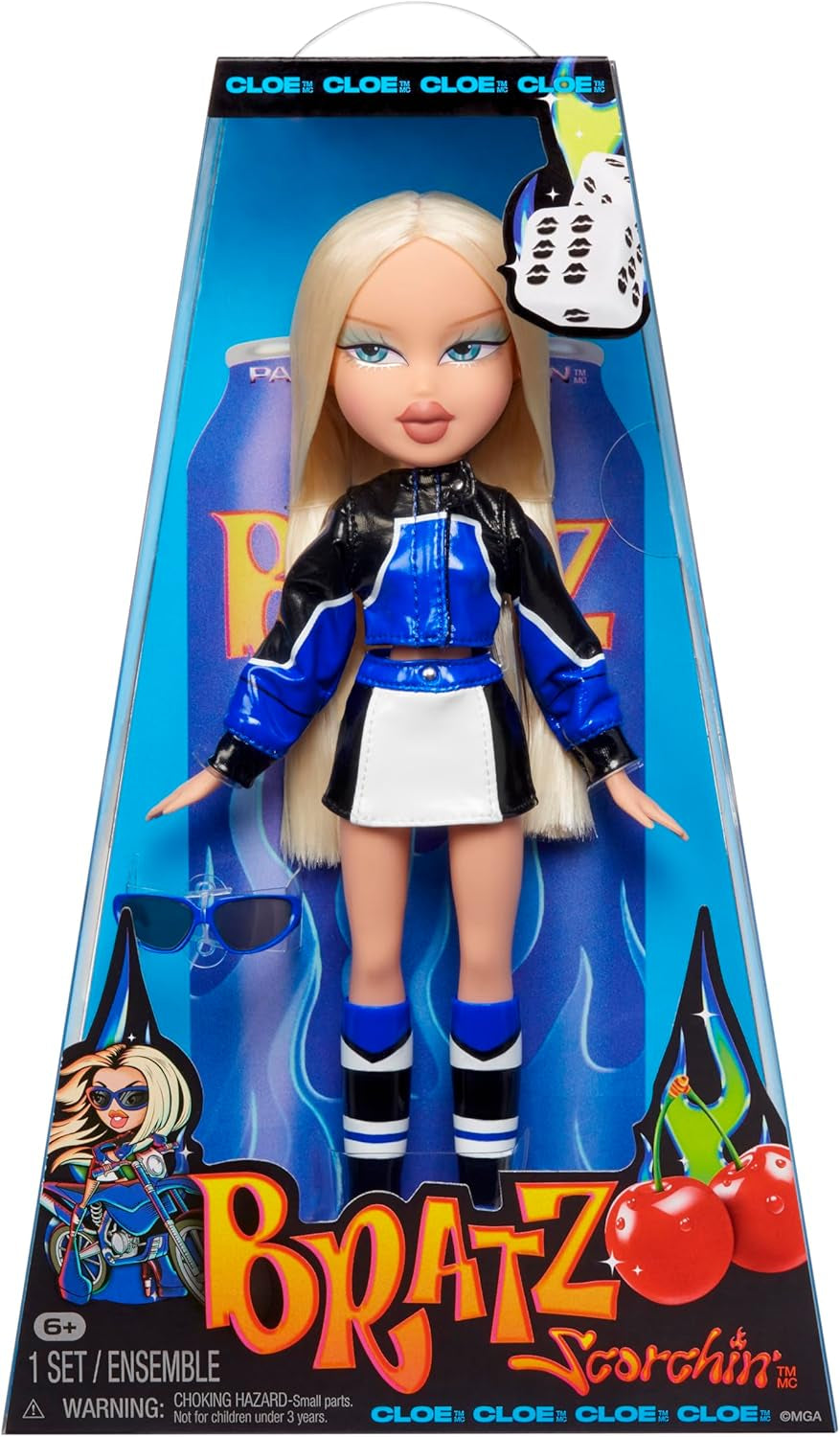 Bratz Scorchin' Cloe – obsahuje 1 módní panenku s oblečením a doplňky, panenky inspirované motoristickým sportem, roztomilá hračka pro dívky