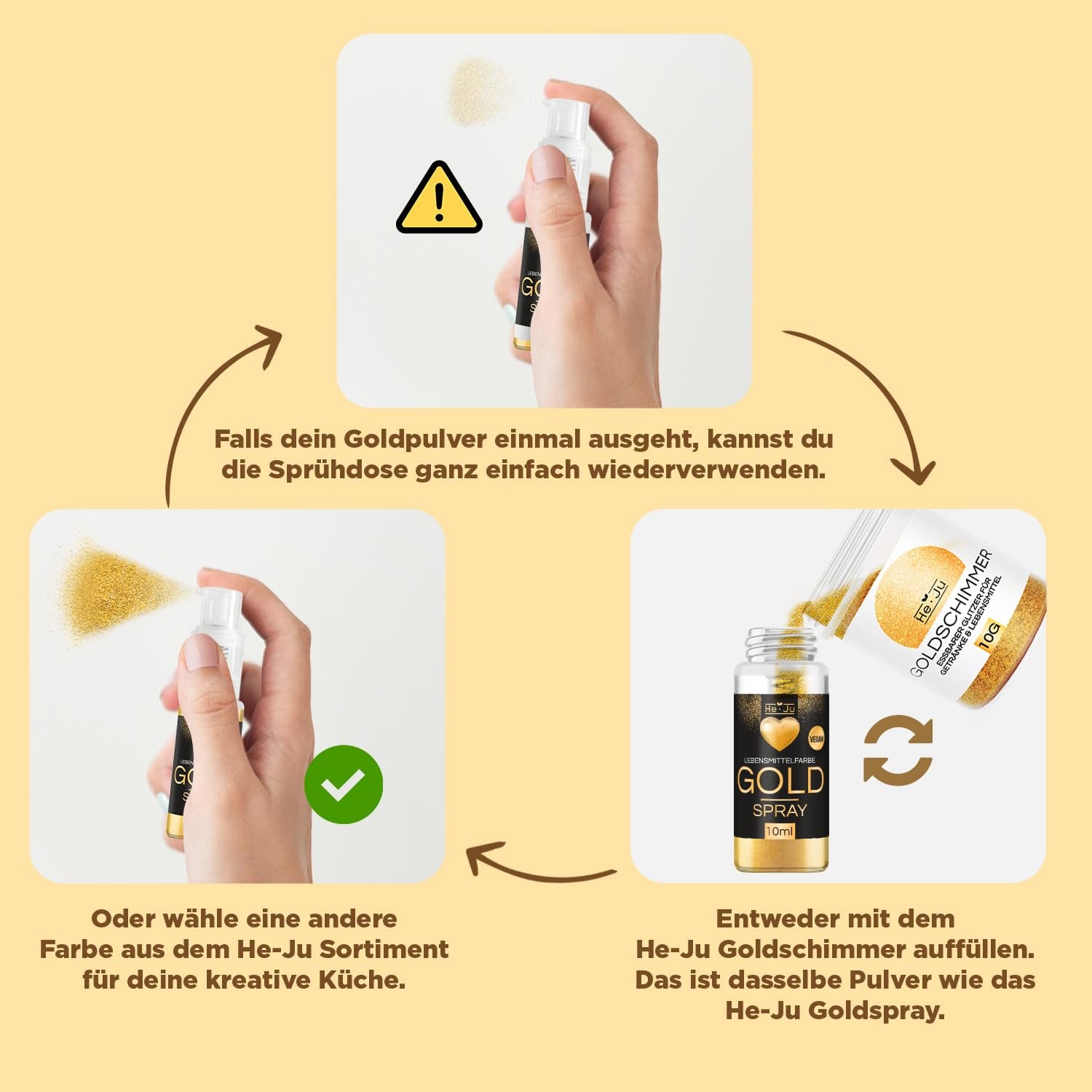 He-Ju Metallic Gold tekuté potravinářské barvivo 25 ml, jedlé třpytky na nápoje a jídlo (kovové zlato, 25 ml)