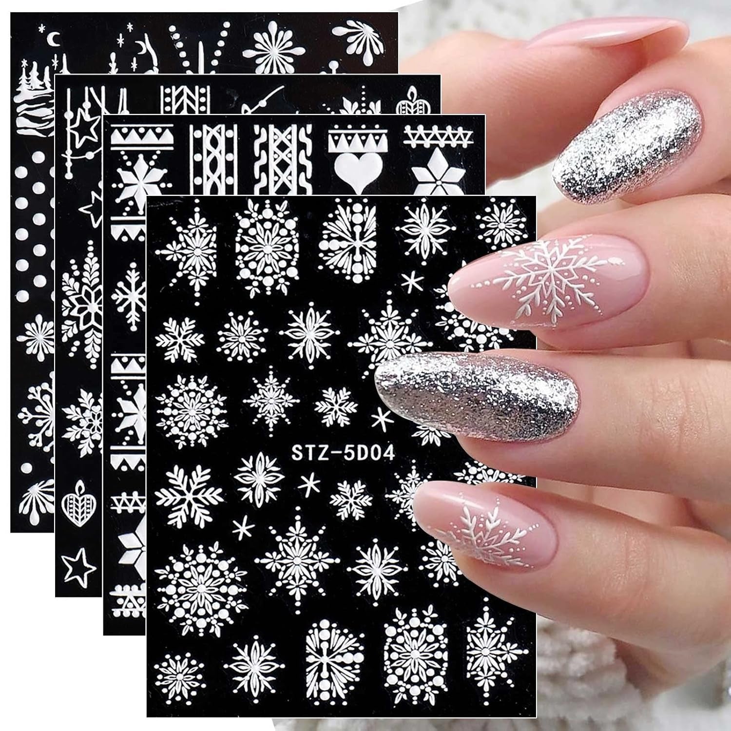 4 Blatt 3D Nálepka na nehty Weihnachten Nagelaufkleber Christmas 5D Stereoskopisch Selbstklebend Schneeflocke Schneemann Nálepka na nehty Dekorace Nageldesign Zubehör
