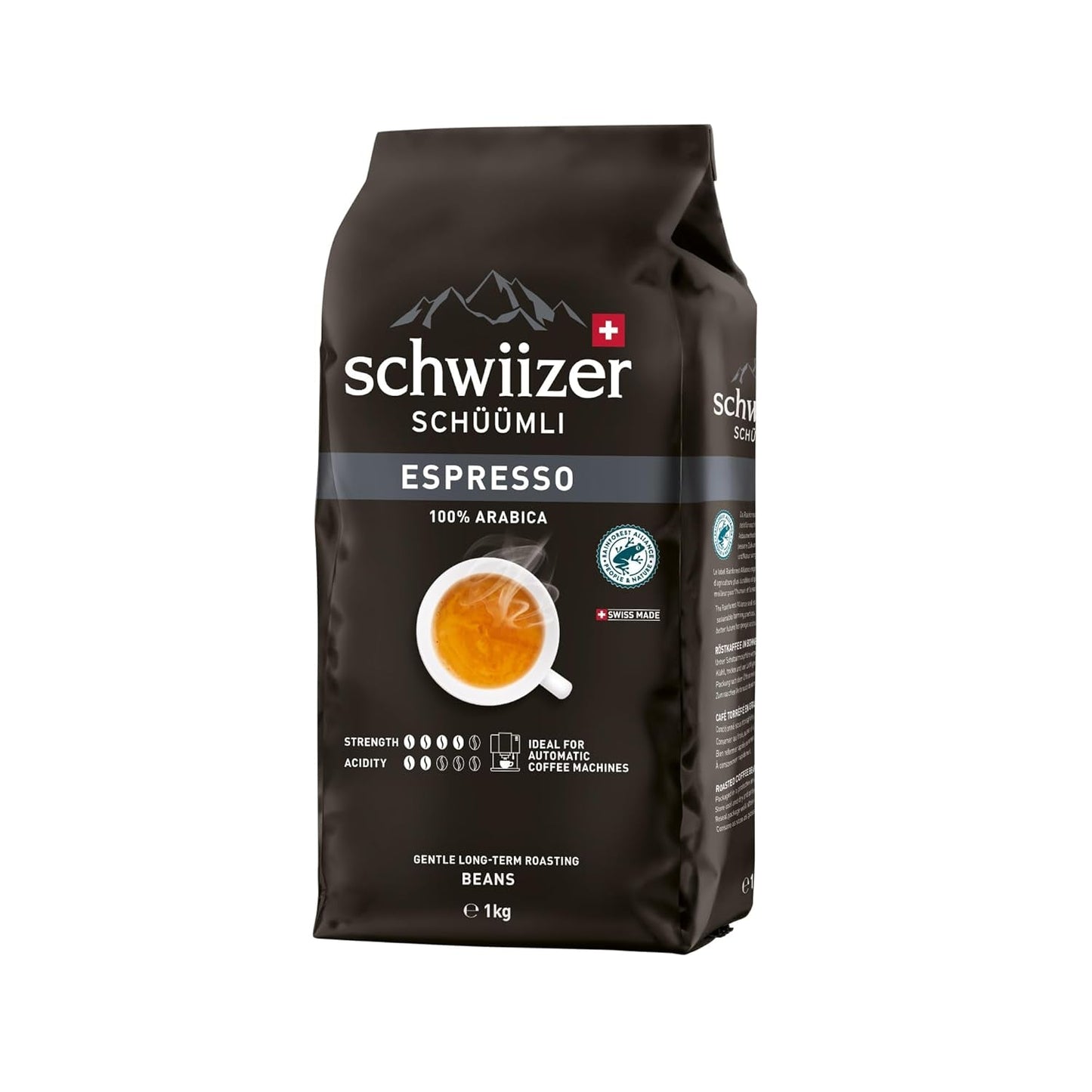 Schwiizer Schüümli Espresso, 100% zrnková káva Arabica, silná a intenzivní, ideální pro automatické espresso stroje, síla 4/5, středně pražení, Rainforest Alliance, 1kg