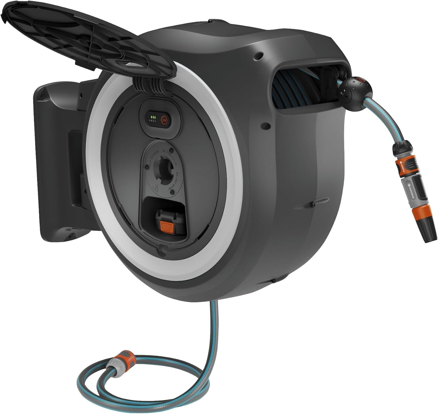 Bezdrátový nástěnný hadicový box Gardena PowerRoll XXL Solo: Automatický hadicový naviják se 40m zahradní hadicí, hadicovým vedením a RollControl, bateriový, odolný vůči UV záření a mrazu (18647-55)