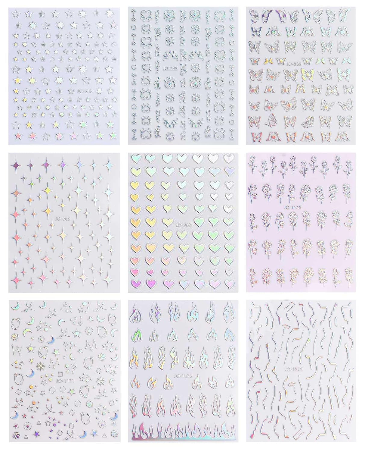JMEOWIO Nálepka na nehty Aurora Holografisch 9 Blatt Nagelaufkleber Selbstklebend Herz-Flamme Spielt Schmetterlings-Mond Die Hauptrolle Nálepka na nehty Dekoration Nageldesign Zubehör