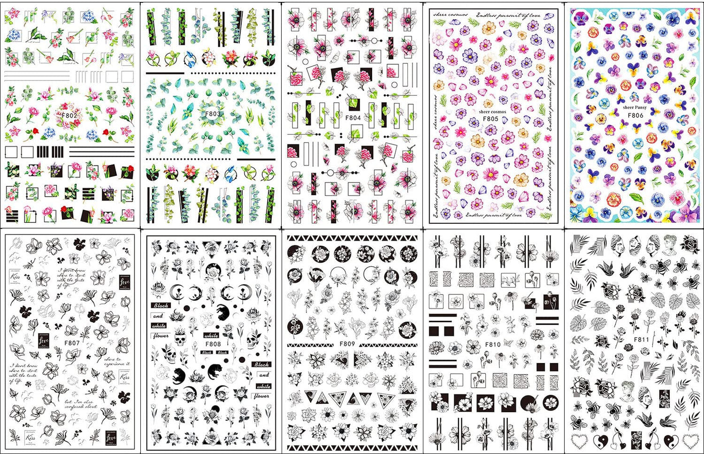 JMEOWIO Nálepka na nehty Frühling Blumen 10 Blätter Nagelaufkleber Selbtklebend Nail Art Dekorace Nageldesign Zubehör Für Frauen Mädchen