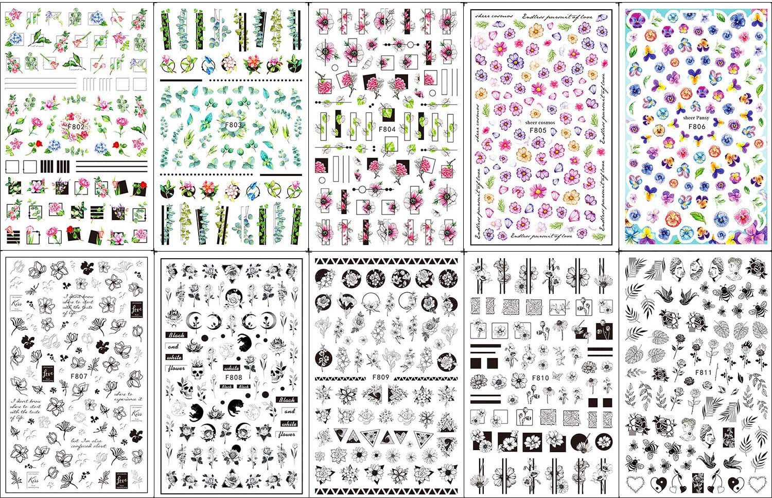 JMEOWIO Nálepka na nehty Frühling Blumen 10 Blätter Nagelaufkleber Selbtklebend Nail Art Dekorace Nageldesign Zubehör Für Frauen Mädchen