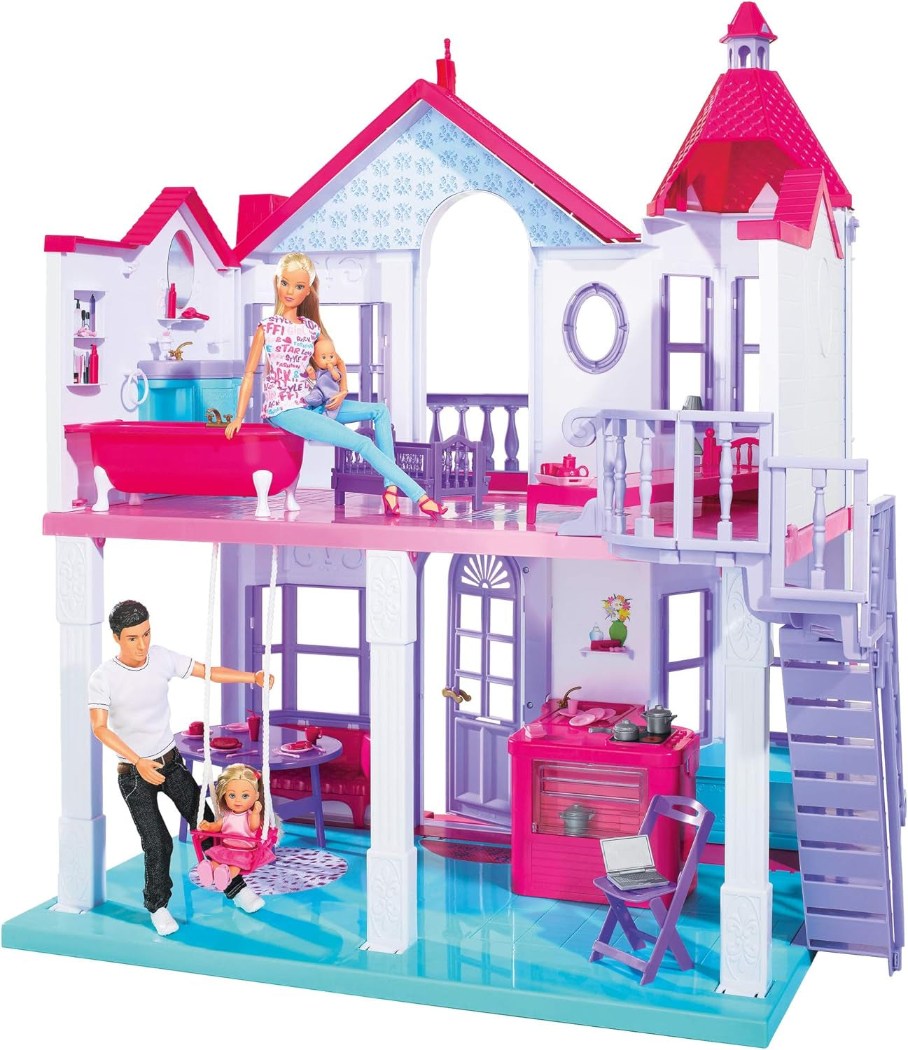 Simba 104661996 - Steffi Love Dreamhouse, Velký dům na hraní, 4 pokoje, BEZ LOUTEK, 84 cm vysoký, dvě patra, pracovní zvonek, skládací Domky pro panenky Naty Shop Výchozí název