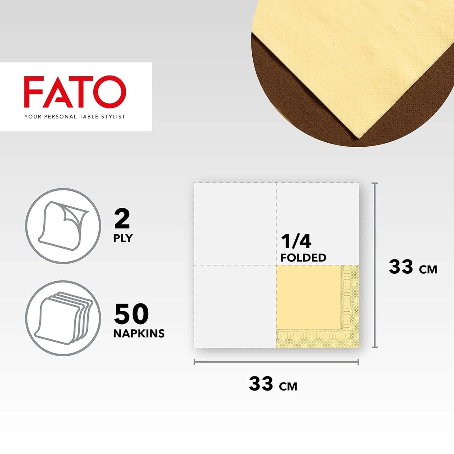 Fato – jednorázové papírové ubrousky, ideální pro příležitostné obědy a bufety, balení 50 ubrousků, velikost 33X33, 4 skládání, 2 vrstvy, barva šampaň, papír ze 100% čisté celulózy, FSC