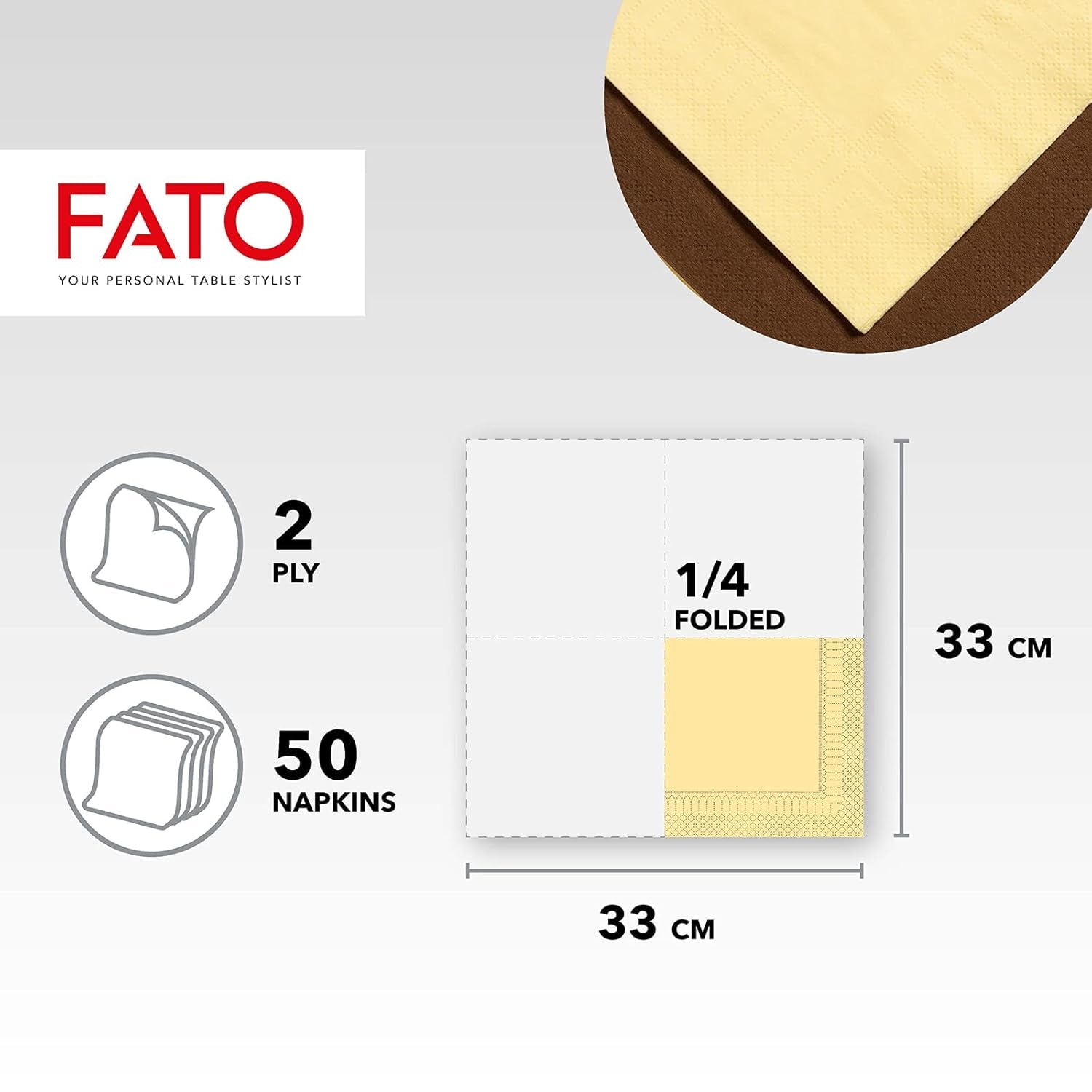 Fato – jednorázové papírové ubrousky, ideální pro příležitostné obědy a bufety, balení 50 ubrousků, velikost 33X33, 4 skládání, 2 vrstvy, barva šampaň, papír ze 100% čisté celulózy, FSC