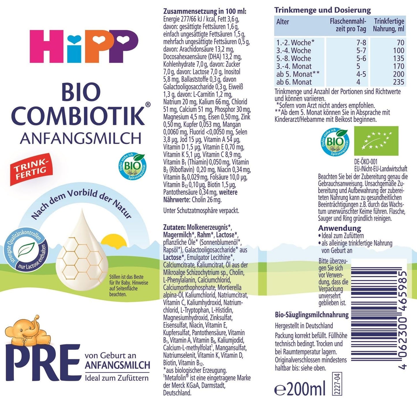 HiPP PRE organické kombinované mléko připravené k pití (6 x 200 ml) kojenecké mléko od narození obsahuje pouze laktózu jako sacharidy nejlepší organické