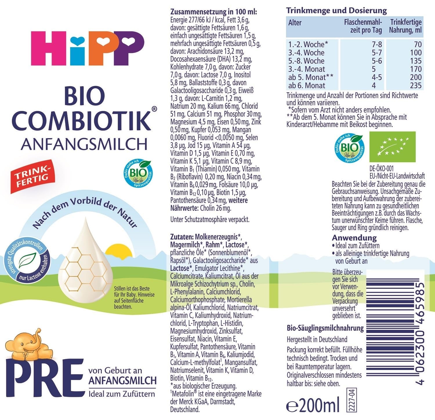HiPP PRE organické kombinované mléko připravené k pití (6 x 200 ml) kojenecké mléko od narození obsahuje pouze laktózu jako sacharidy nejlepší organické