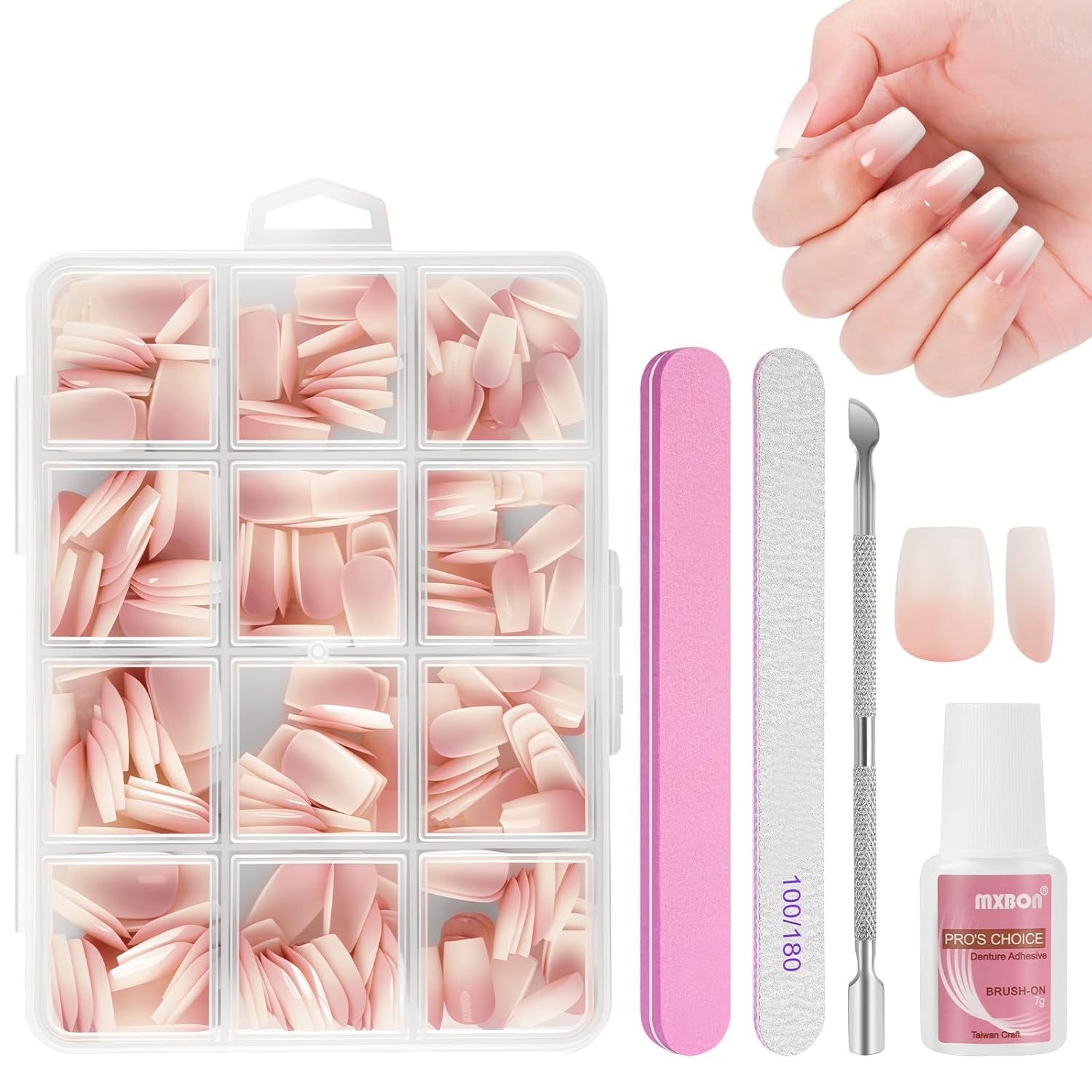 Sada 240 kusů umělých nehtů, French Press na umělé nehty, Press On French Neht, 12 velikostí, umělé nehty s lepidlem pro ženy a muže (Nude White Medium Mandle)