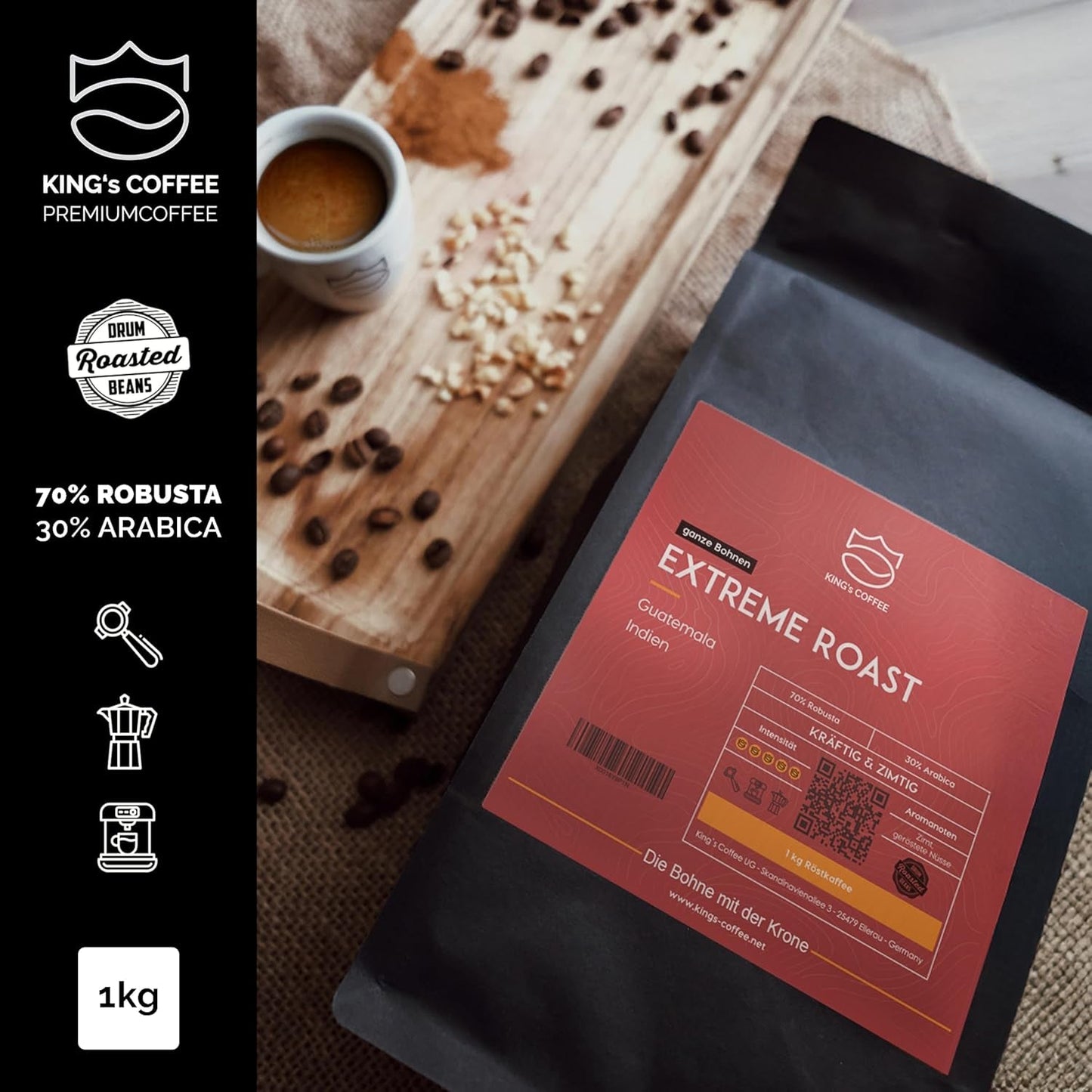 KING'S COFFEE - EXTREME ROAST - Espresso Intenso zrna - velmi nízká kyselost - malodávkové pražení z Itálie - kávová zrna pro plně automatické stroje a portafiltrační stroje - 1 kg