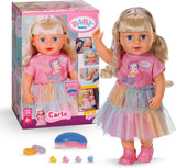 BABY born Carla - 43 cm panenka - kvalitní blond vlasy s pramínky - nejsou potřeba baterie - vhodné pro děti od 4 let - obsahuje 7 doplňků, růžová