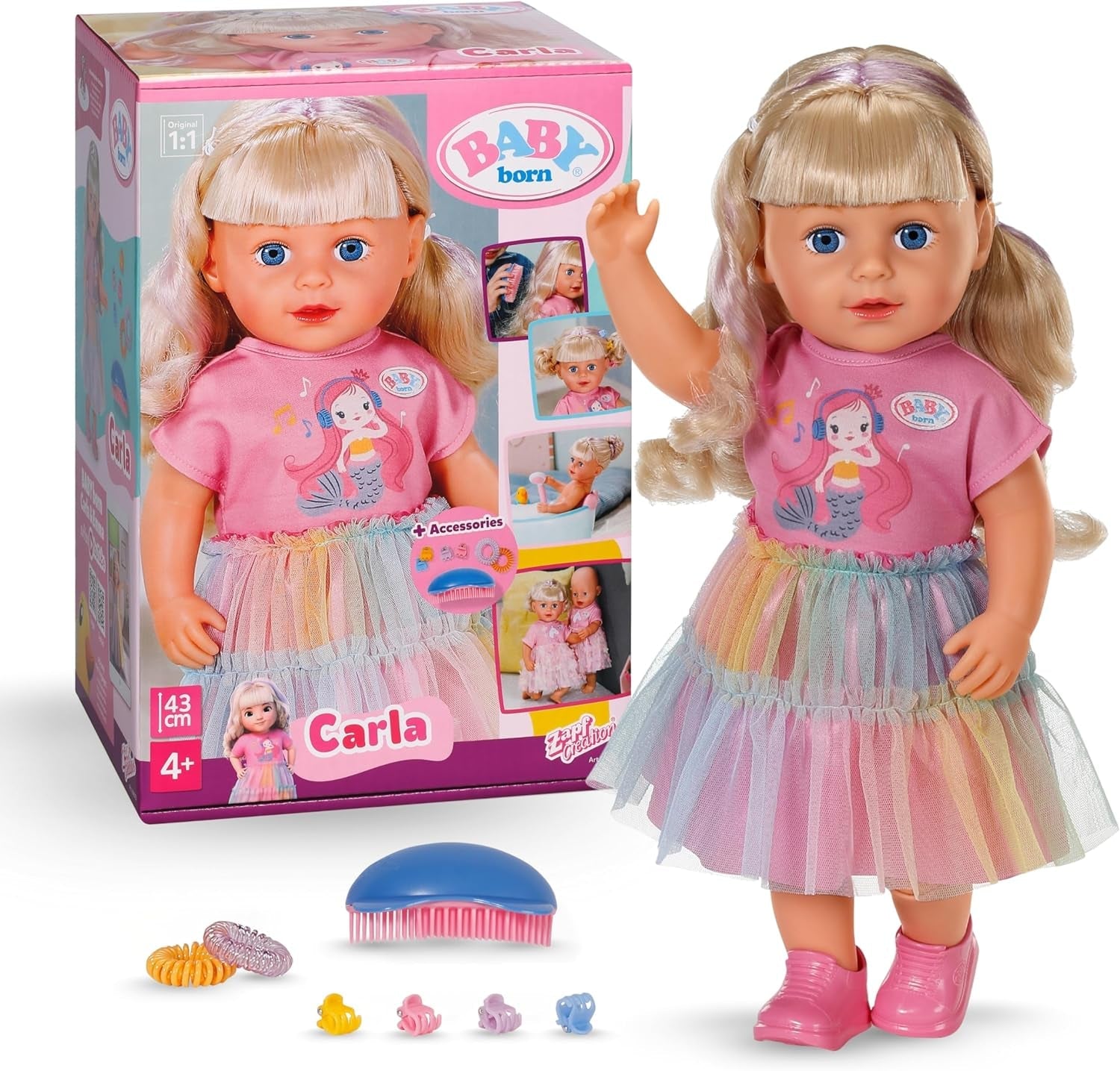 BABY born Carla - 43 cm panenka - kvalitní blond vlasy s pramínky - nejsou potřeba baterie - vhodné pro děti od 4 let - obsahuje 7 doplňků, růžová