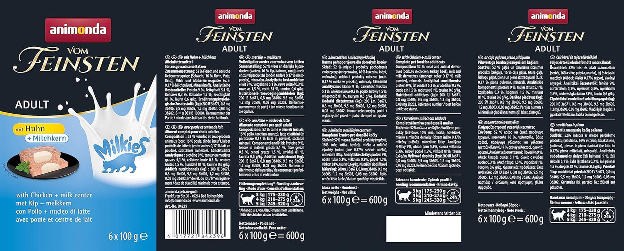 animonda Vom Feinsten Krmivo pro dospělé kočky, Nassfutter für ausgewachsene Katzen, mit Chicken + Milchkern, 6 x 100 g