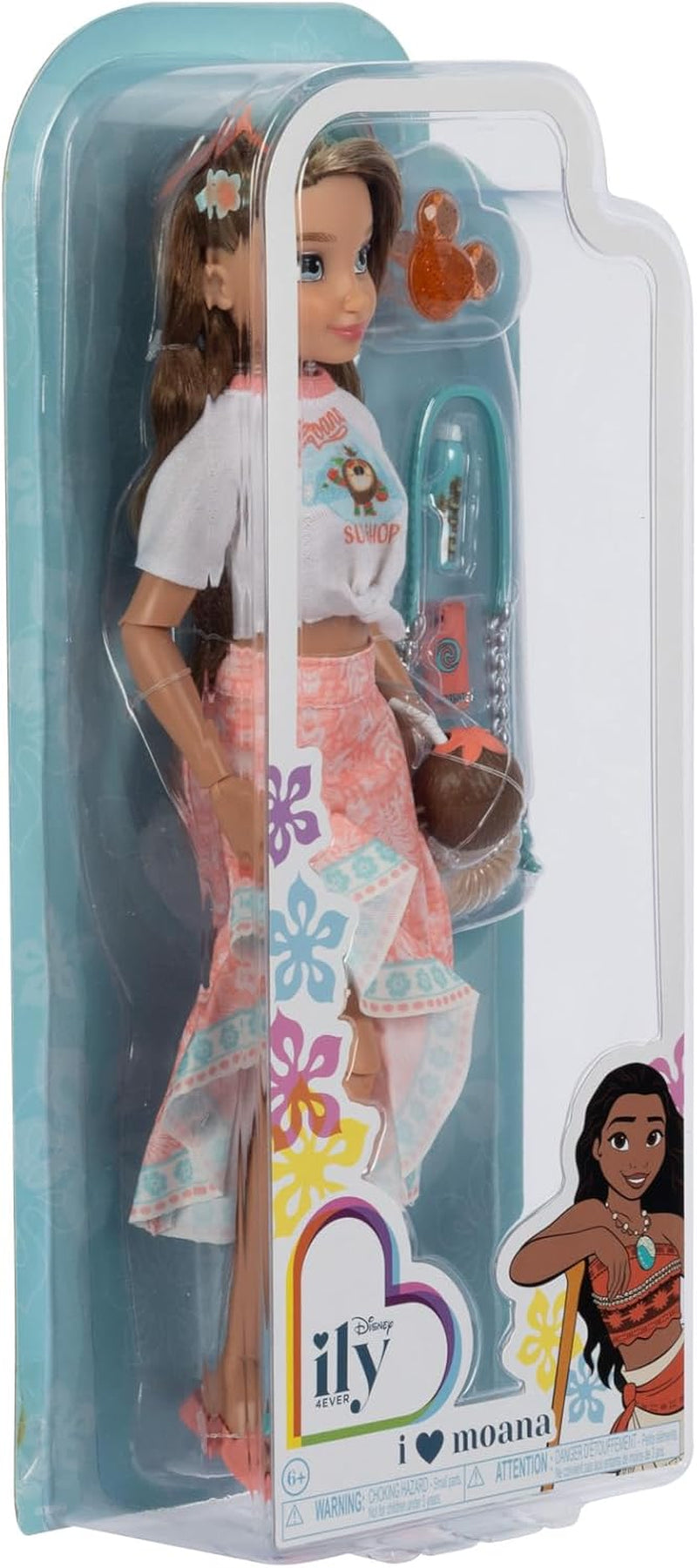 Panenka Vaiana s doplňky, 29 cm, 13 kloubových bodů, oficiálně licencována společností Jakks Pacific. Kompletní s kombinovatelnými doplňky a třpytivým prstenem Mickey!