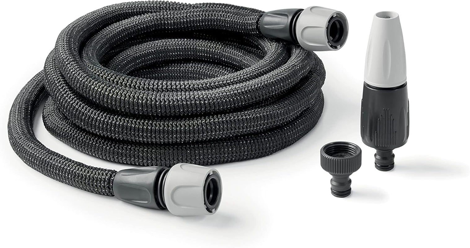 GF SRL, Aquapop Grey Easy 10, 10 metrů samonatahovací opletená hadice, vyrobená v Itálii, s mini zahradním postřikovačem a konektory pro zavlažování zahrady, tmavě šedá