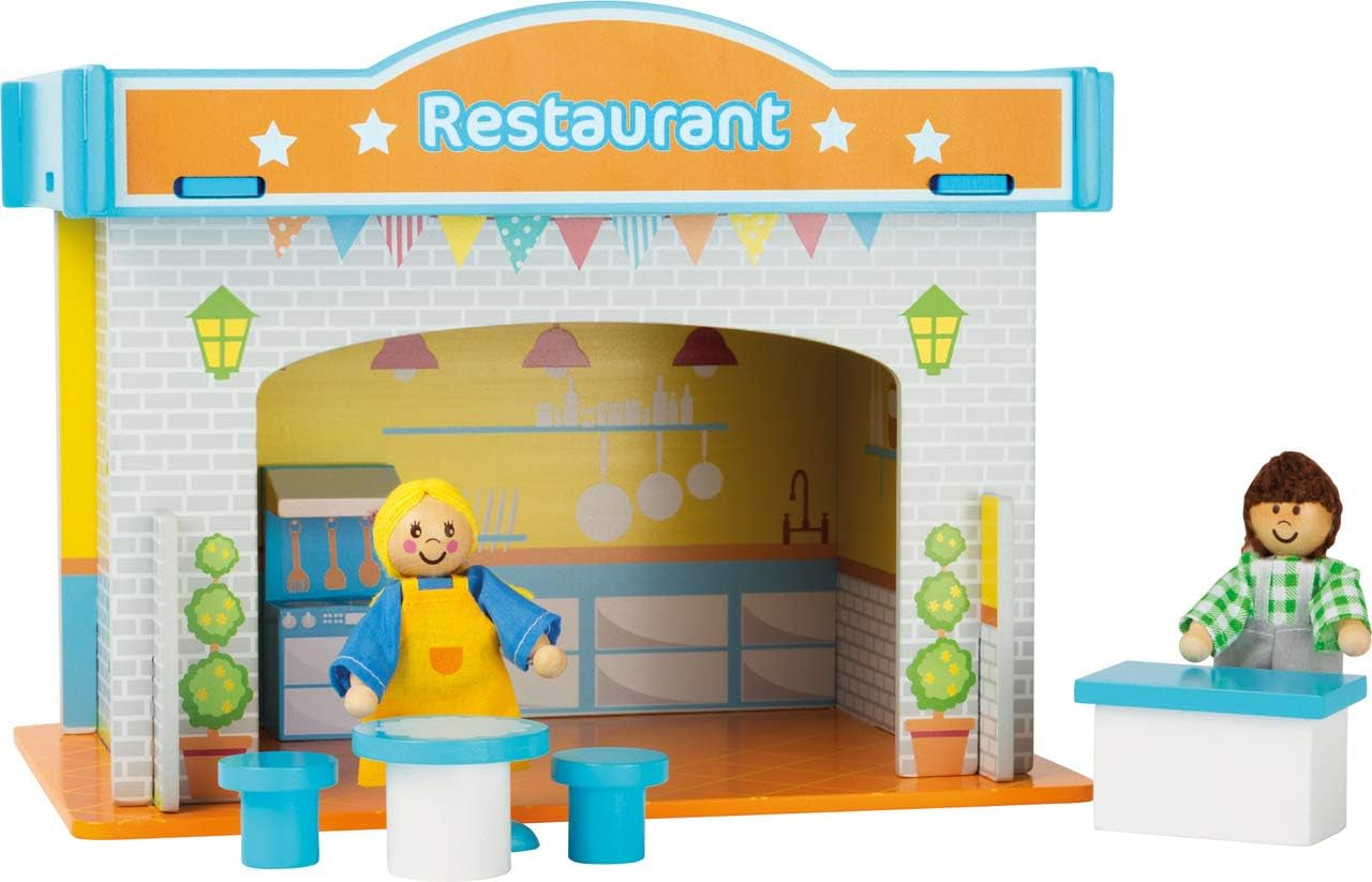 Small Foot 10852 Playhouse Restaurant Vyrobeno ze dřeva, Se 2 figurkami panenek, doplňky a odnímatelnou střechou, Od 3 let Domky pro panenky Naty Shop