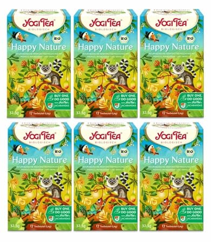 Yogi Tea – Happy Nature, kup jeden a konej dobro, organický ajurvédský kořeněný bylinný čaj, mango, mandarinka, vanilková směs, Yogi čaj 6 balení, 6x17 čajových sáčků (celkem 102 čajových sáčků)