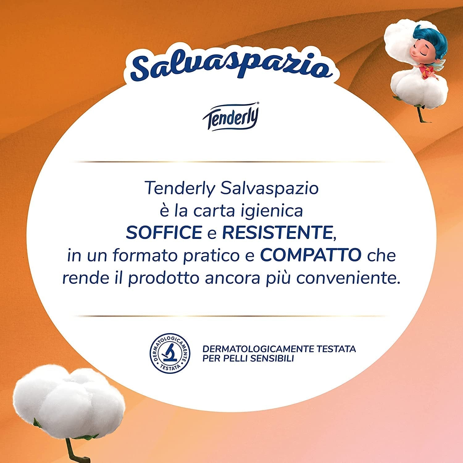 Úspora místa, 96 rolí toaletního papíru, 2 vrstvy, 220 slz na roli, S přírodními výtažky ze slézu a měsíčku, Made in Italy, Dermatologicky testováno.