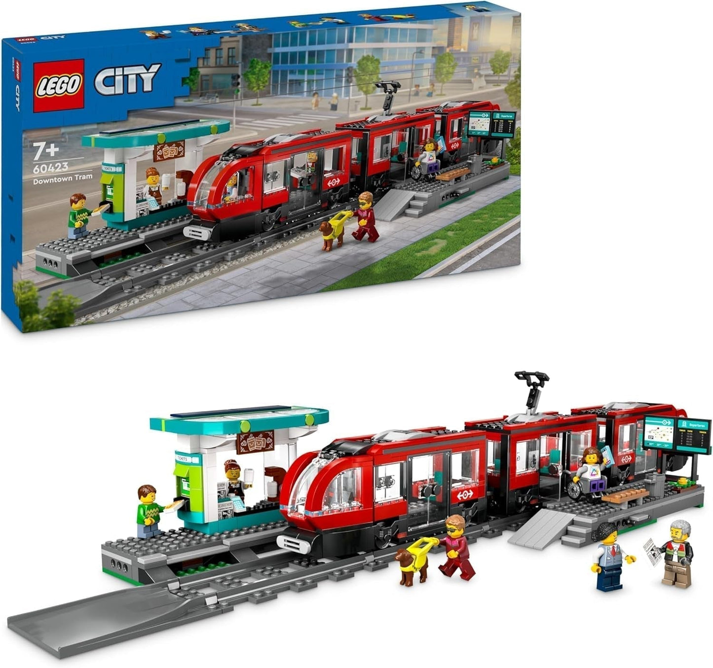 LEGO City tramvaj se stanicí, nápad na dárek pro fanoušky autíček od 7 let, se 6 minifigurkami a vodicím psem pro hraní rolí, stavebnice 60423 Stavebnice Besuche den LEGO-Store Výchozí název